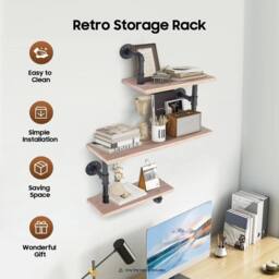 KORVIXA Storage Rack 3 Tier Metal +wood Wall Shelves Rack in Brown - Size: 100 cm x 100 cm - thumbnail 5