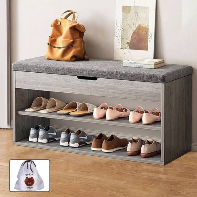 SPETLEK Shoe Bench Shoe Storage Rack Cabinet Organiser with Cushion in Grey - image 1