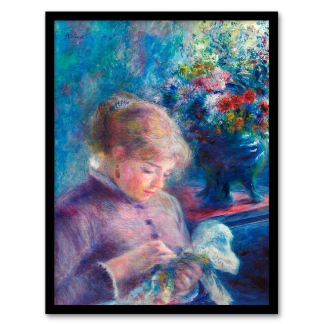 Artery8 Pierre Auguste Renoir Framed Wall Art Print Young Woman Sewing in Blue - Size: A4 - image 1