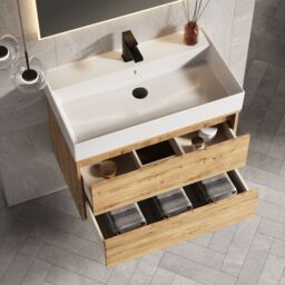 Banyetti Venti 800mm Wall Hung Vanity Unit with Veneto 1 Tap Hole Basin - Ostippo Oak in Light Oak - thumbnail 4