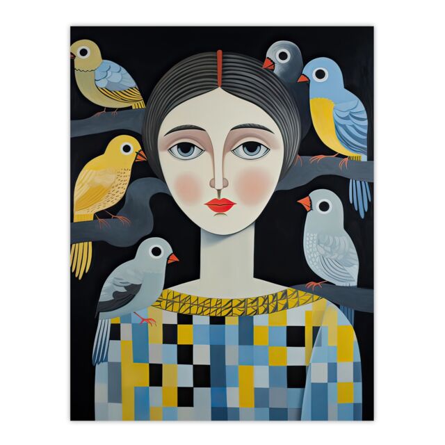 "Artery8 Wall Art Print The Bird Lady Surreal Oil Painting Blue Yellow Grey Dryad Portrait Poster - Size: W18"" x H24""" - image 1
