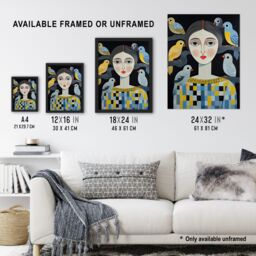 "Artery8 Wall Art Print The Bird Lady Surreal Oil Painting Blue Yellow Grey Dryad Portrait Poster - Size: W18"" x H24""" - thumbnail 3