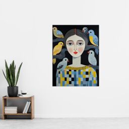 "Artery8 Wall Art Print The Bird Lady Surreal Oil Painting Blue Yellow Grey Dryad Portrait Poster - Size: W18"" x H24""" - thumbnail 4