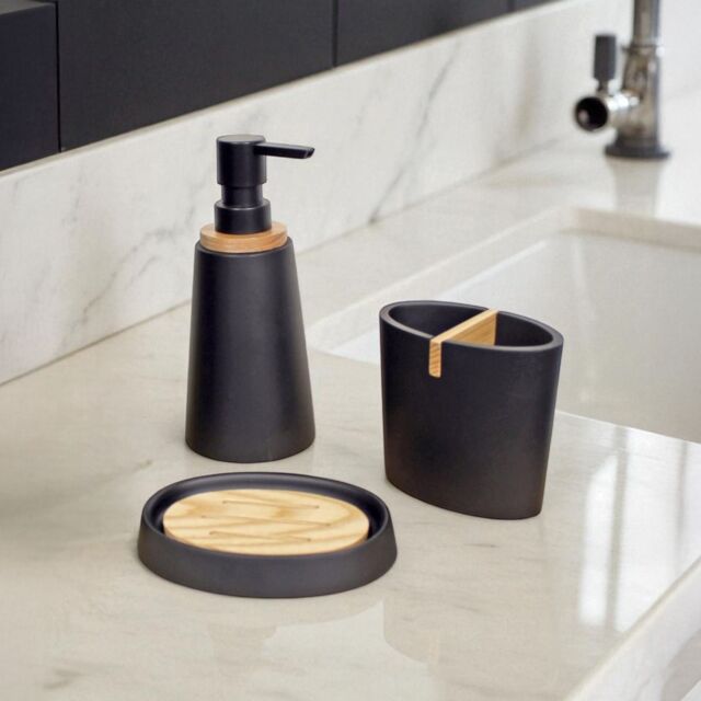 Showerdrape Sonata Black & Bamboo 3 Piece Bathroom Accessory Set - image 1