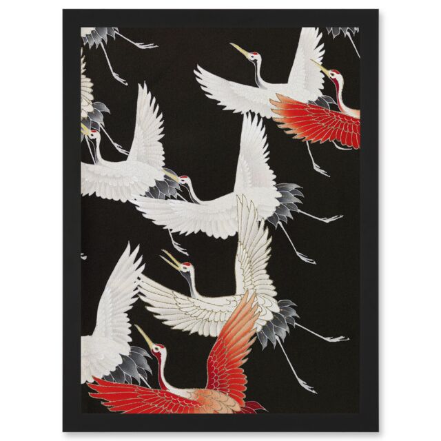 Artery8 Japan Crane Kimono Pattern Artwork Framed Wall Art Print A4 in Black - image 1