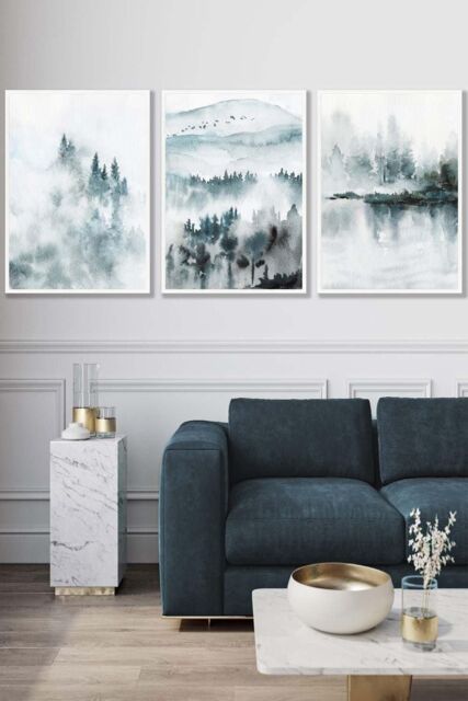 ARTZE Set of 3 White Framed Teal Blue Abstract Forest Lake Wall Art - Size: W45 cm x H62 cm x D20mm - image 1