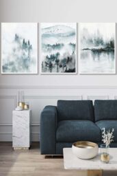 ARTZE Set of 3 White Framed Teal Blue Abstract Forest Lake Wall Art - Size: W45 cm x H62 cm x D20mm - thumbnail 1