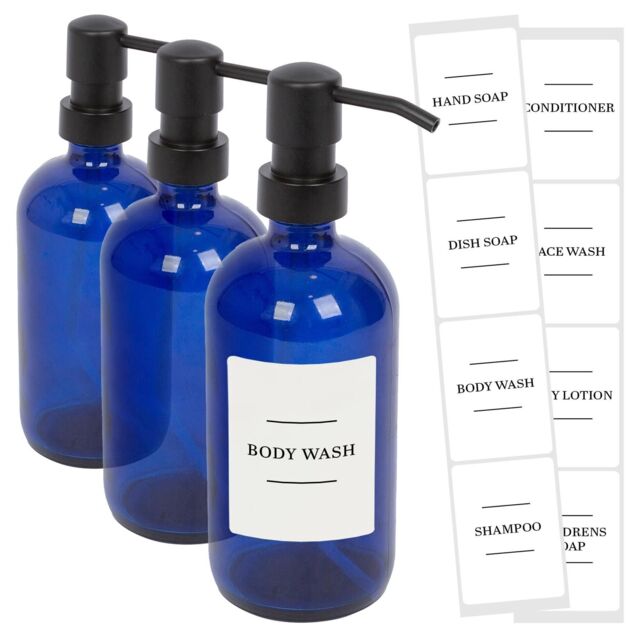 Harbour Housewares Glass Soap Dispensers with Labels - 500ml - White - Pack of 3 in Blue - image 1