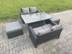 Fimous 5 Pieces Garden Furniture Sets Poly Rattan Outdoor Patio Height Adjustable Rising Lifting Table Sofa Dining Set with 2 Big Footstool - thumbnail 2