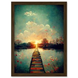 Artery8 Path Into The Light Calm Landscape Oil Painting Artwork Framed Wall Art Print A4 in Brown - thumbnail 1