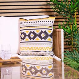 icon Indoor & Outdoor Aztec Print Waterproof Cushion, Ochre Yellow - Size: 43 cm x 43 cm - thumbnail 1