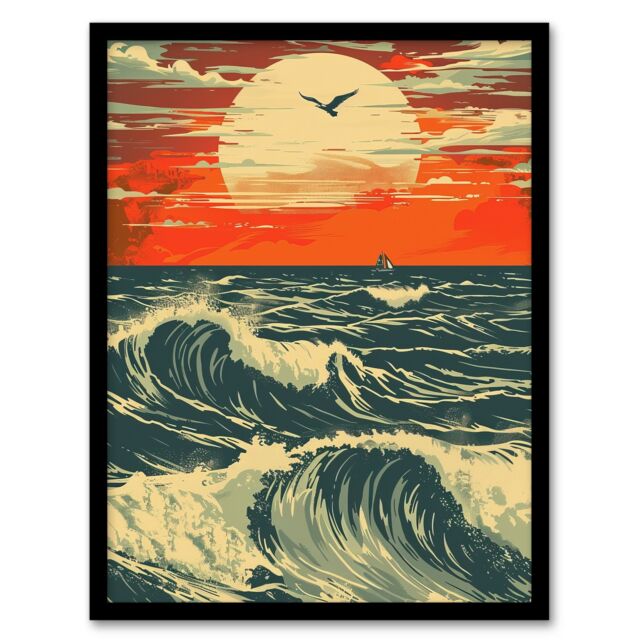 Artery8 Ocean Waves at Sunset Painting Seascape Bird Framed Art Print in Orange - Size: A4 - image 1