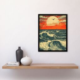 Artery8 Ocean Waves at Sunset Painting Seascape Bird Framed Art Print in Orange - Size: A4 - thumbnail 4