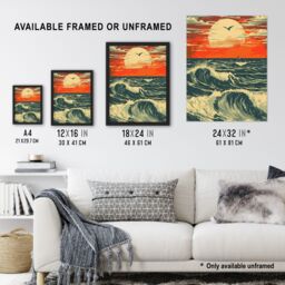 Artery8 Ocean Waves at Sunset Painting Seascape Bird Framed Art Print in Orange - Size: A4 - thumbnail 3