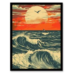 Artery8 Ocean Waves at Sunset Painting Seascape Bird Framed Art Print in Orange - Size: A4 - thumbnail 1