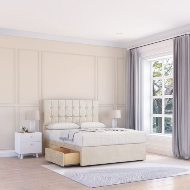 Sloomy Alabama Plush Velvet Memory Foam Bed Set With 4 Drawers, Mattress & Headboard in Cream - Size: Super King - image 1