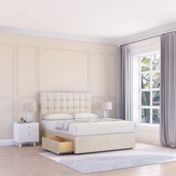 Sloomy Alabama Plush Velvet Memory Foam Bed Set With 4 Drawers, Mattress & Headboard in Cream - Size: Super King - thumbnail 1