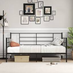 Gymax 2-in-1 Single Daybed Sofa Bed With Arms & Back Metal Slat Support in Black - thumbnail 2