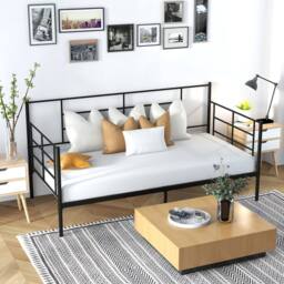Gymax 2-in-1 Single Daybed Sofa Bed With Arms & Back Metal Slat Support in Black - thumbnail 9