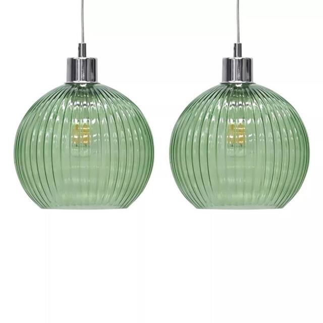 EONLION 2 Green Ribbed Glass Globe Easy Fit Pendant Shades Ceiling Lightshades - image 1