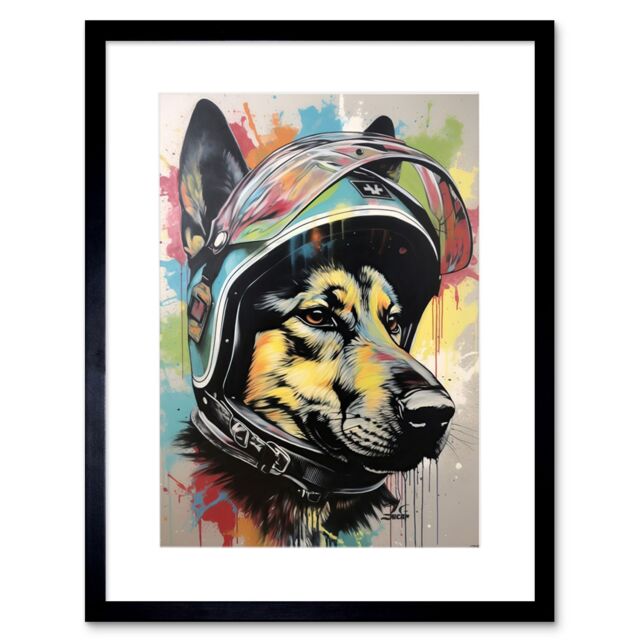 "Artery8 Wall Art Print German Shepherd Dog Wearing Motorcycle Helmet Artwork Framed 9X7 Inch in Black - Size: W7"" x H9""" - image 1