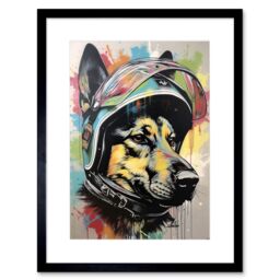 "Artery8 Wall Art Print German Shepherd Dog Wearing Motorcycle Helmet Artwork Framed 9X7 Inch in Black - Size: W7"" x H9""" - thumbnail 1