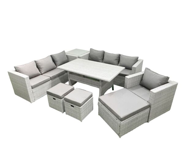 Fimous 8 Pieces Outdoor Rattan Sofa Set with Cushions Patio Garden Furniture Sets with Armchair Dining Table Side Table 3 Footstools in Light Grey - image 1