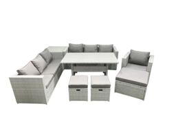Fimous 8 Pieces Outdoor Rattan Sofa Set with Cushions Patio Garden Furniture Sets with Armchair Dining Table Side Table 3 Footstools in Light Grey - thumbnail 2