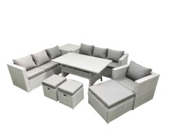 Fimous 8 Pieces Outdoor Rattan Sofa Set with Cushions Patio Garden Furniture Sets with Armchair Dining Table Side Table 3 Footstools in Light Grey - thumbnail 1
