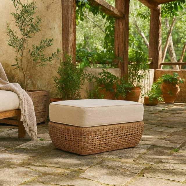 Wyld Haus Sardinia Outdoor Natural Rattan Footstool Cream Cushion in Brown - image 1