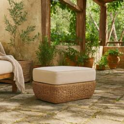 Wyld Haus Sardinia Outdoor Natural Rattan Footstool Cream Cushion in Brown