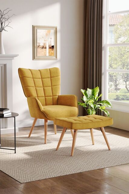 H&O Direct Yellow Linen Tufted Armchair with Footstool - image 1