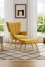 H&O Direct Yellow Linen Tufted Armchair with Footstool - thumbnail 2