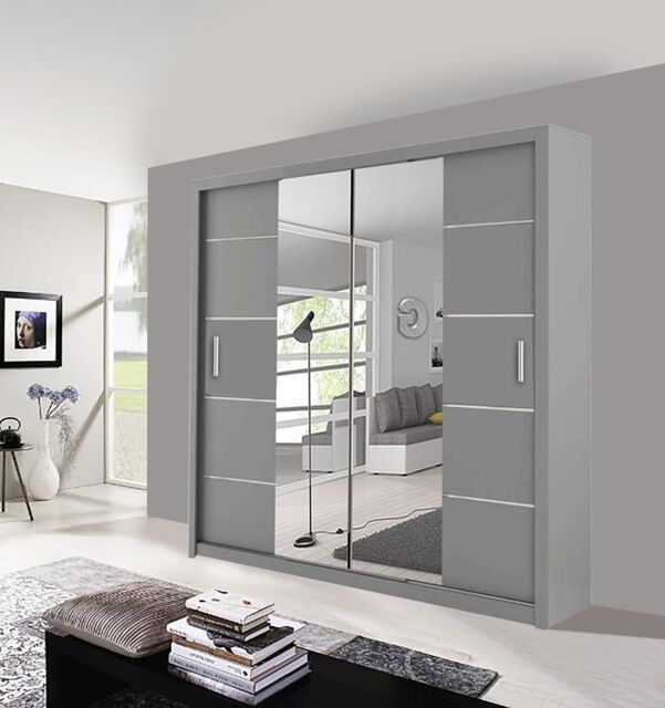 OLYMPIA FURNITURE Oslo 203cm Sliding Mirror Door Wardrobe With Hanging Rails & Shelves Available In 3 Colour in Grey - image 1