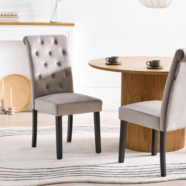 Wyld and Coco Set of 2 Grey Velvet Dining Chairs with Black Pine Legs - image 1