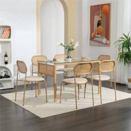 Nordara 6X Boho Dining Chairs Set Rattan Back Padded Seat Upholstered Cane in Beige - thumbnail 7