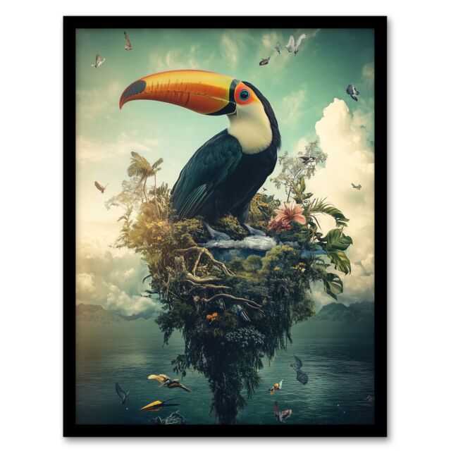 "Artery8 Surreal Fantasy Toucan Bird Nature Retreat Framed Art Print in Blue - Size: W12"" x H16""" - image 1