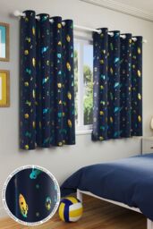 Enhanced Living Infinity Kids Blue Space & Football Curtain - Thermal, Eyelet Header - Size: 117 cm width x 183 cm drop