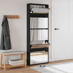 Berkfield Home Shoe Cabinet with Mirror 5-Layer Black 63x17x169.5 cm - thumbnail 3