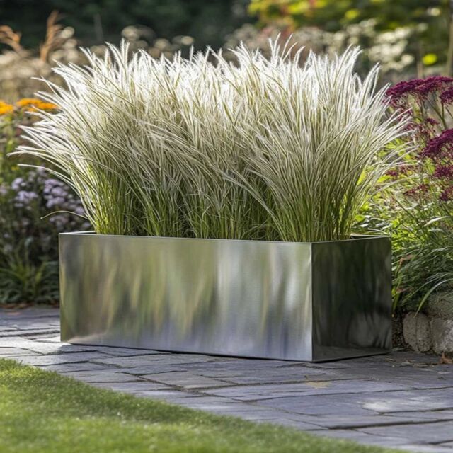 Woven Wood 100cm Zinc Galvanised Brushed Silver Trough Planter - image 1