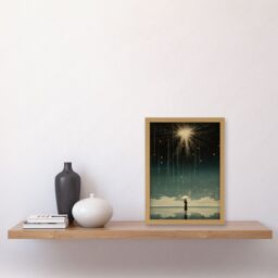 Artery8 Wall Art Print Falling Star Rain Dreamy Artwork Bright Star Wish Woman with Umbrella Fairytale Dreamscape Artwork Framed A4 in Light Oak - thumbnail 2