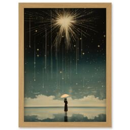 Artery8 Wall Art Print Falling Star Rain Dreamy Artwork Bright Star Wish Woman with Umbrella Fairytale Dreamscape Artwork Framed A4 in Light Oak - thumbnail 1