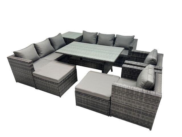 Fimous Garden Rattan Furniture Set 10 Seater with Side Table 2 Big Stools in Dark Grey - image 1