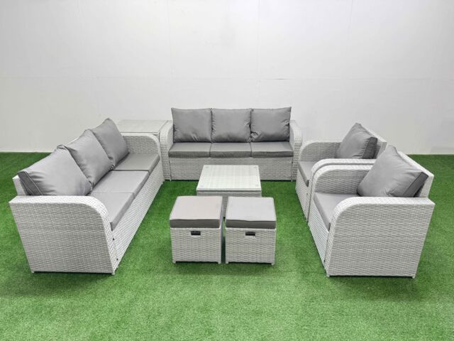 Fimous PE Rattan High Back Lounge Sofa Set Patio Square Coffee Table & Chairs Set with 3 Seater Sofa Reclining Chair Stools Side Table Light Grey - image 1