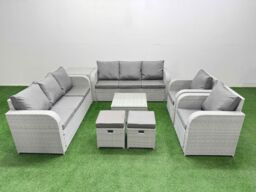Fimous PE Rattan High Back Lounge Sofa Set Patio Square Coffee Table & Chairs Set with 3 Seater Sofa Reclining Chair Stools Side Table Light Grey - thumbnail 2