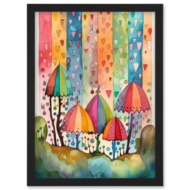Artery8 Candy Land Rain Rainbow Folk Art Artwork Framed Wall Art Print A4 in Black - image 1