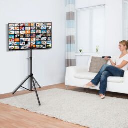 Costway Tripod TV Stand 5-position Height Adjustable Swivel TV Floor Stand Non-slip Foot in Black - thumbnail 3
