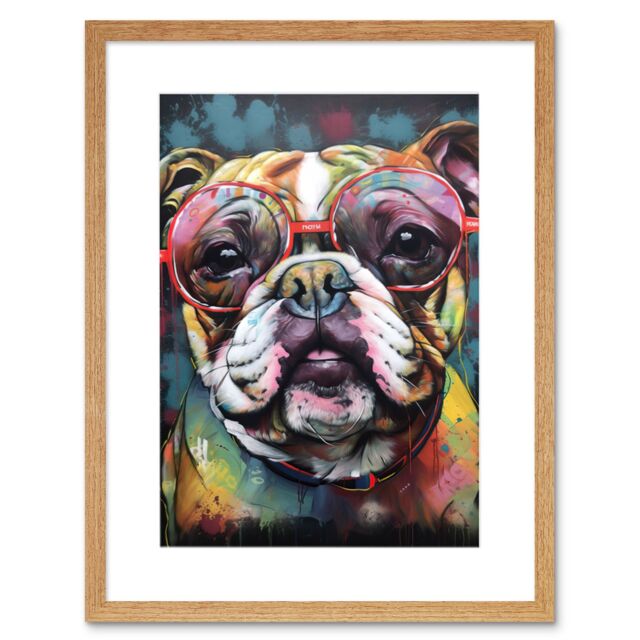 "Artery8 Wall Art Print English Bulldog Wearing Sunglasses Modern Detailed Artwork Framed 9X7 Inch in Beige - Size: W7"" x H9""" - image 1