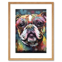 "Artery8 Wall Art Print English Bulldog Wearing Sunglasses Modern Detailed Artwork Framed 9X7 Inch in Beige - Size: W7"" x H9""" - thumbnail 1