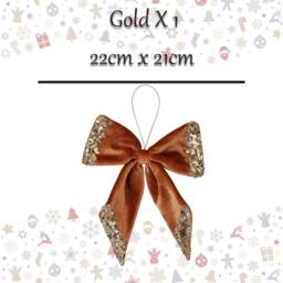 VFM e-Store Christmas Velvet Bow Hanging Decoration 22cm x 21cm Gold X 1 - Size: 22 cm x 21 cm - thumbnail 2